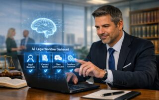 A professional legal consultant using AI for small law firms on a laptop to summarize documents and improve billable efficiency.