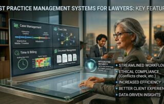 A legal professional analyzing a digital dashboard representing the best practice management systems for lawyers to improve efficiency and security.