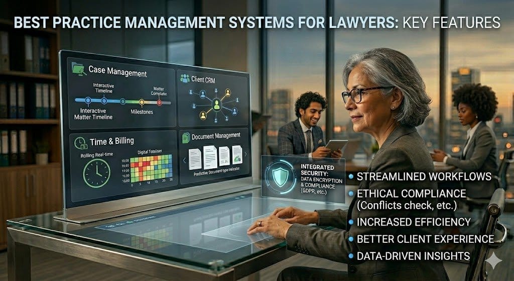 A legal professional analyzing a digital dashboard representing the best practice management systems for lawyers to improve efficiency and security.