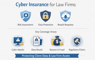 Infographic explaining cyber insurance for law firms, showing the connection between risk assessment, data protection, and mandatory security requirements like MFA and EDR.