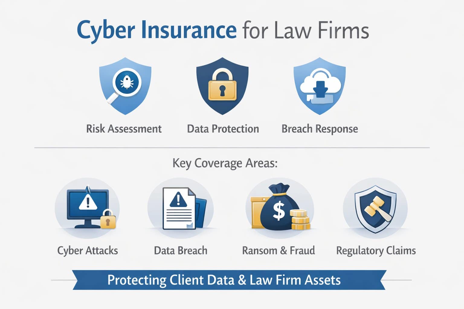 Infographic explaining cyber insurance for law firms, showing the connection between risk assessment, data protection, and mandatory security requirements like MFA and EDR.