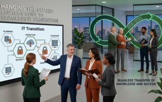 A group of legal and IT professionals in a boardroom discussing a seamless IT transition plan for a law firm.
