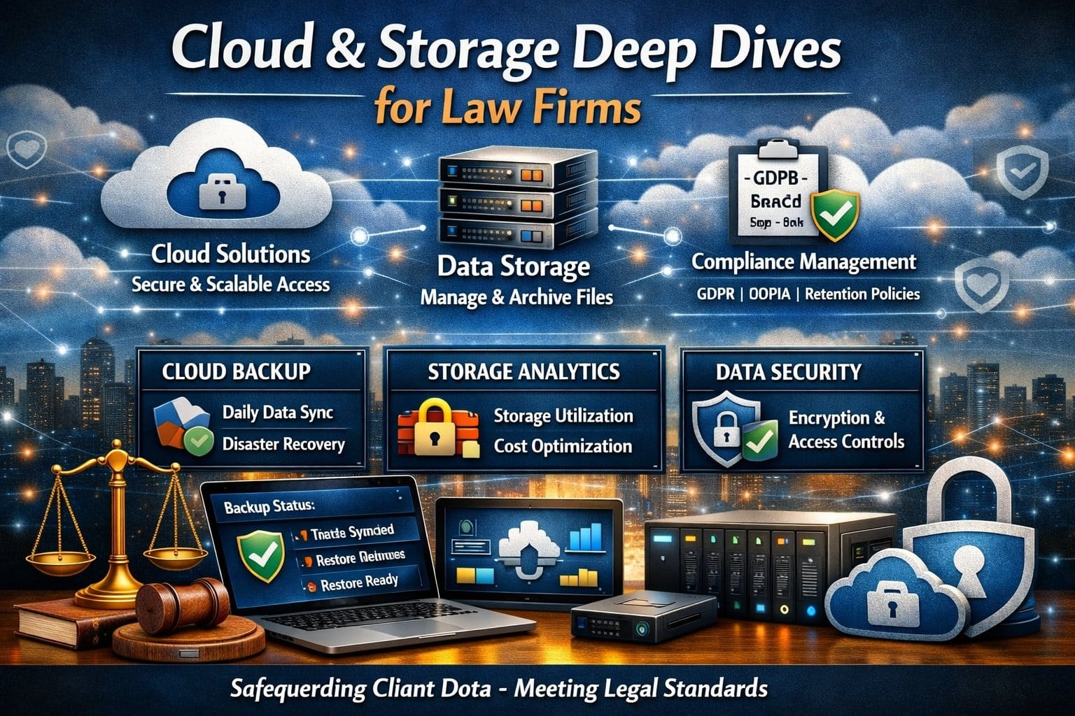 Infographic showing a cloud and storage deep dive for law firms, featuring secure document management, data encryption, and legal compliance icons.