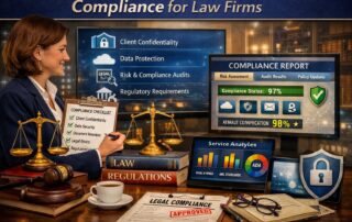Graphic for compliance for law firms showing a professional IT audit and legal security standards.