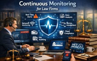 Graphic for continuous monitoring for law firms showing a secure 24/7 digital surveillance dashboard and legal gavel.