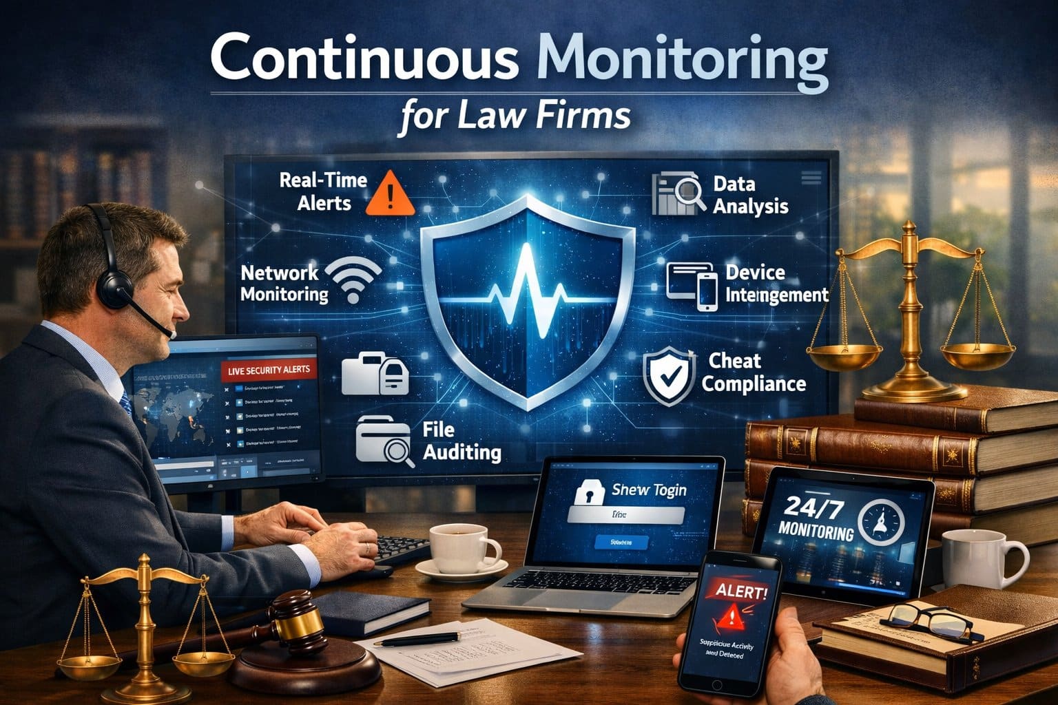 Graphic for continuous monitoring for law firms showing a secure 24/7 digital surveillance dashboard and legal gavel.