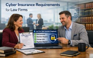 A legal professional and IT consultant discussing cyber insurance requirements for law firms on a laptop in a modern office setting.