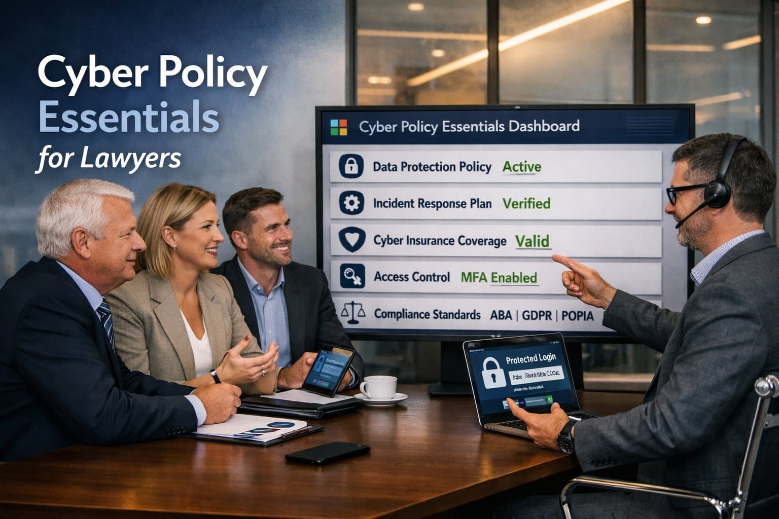 Graphic for M365 Business Premium for law firms showing secure cloud features and legal data protection.