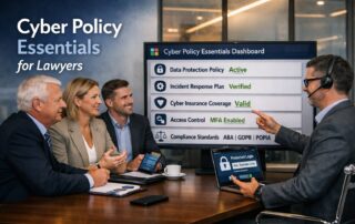 An interactive presentation on cyber policy for lawyers being displayed on a boardroom monitor to a group of legal professionals.
