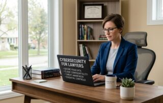 A professional female lawyer in her early 40s wearing glasses and a blue blazer works at a wooden home office desk, typing on a laptop screen displaying "CYBERSECURITY FOR LAWYERS".