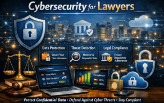 Graphic for cybersecurity for lawyers featuring a digital security shield, the scales of justice, and icons representing data protection and legal compliance.