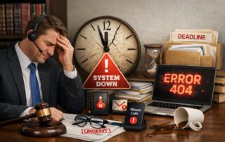 Graphic for downtime deficit for lawyers showing a legal professional frustrated by technical friction and lost billable time.