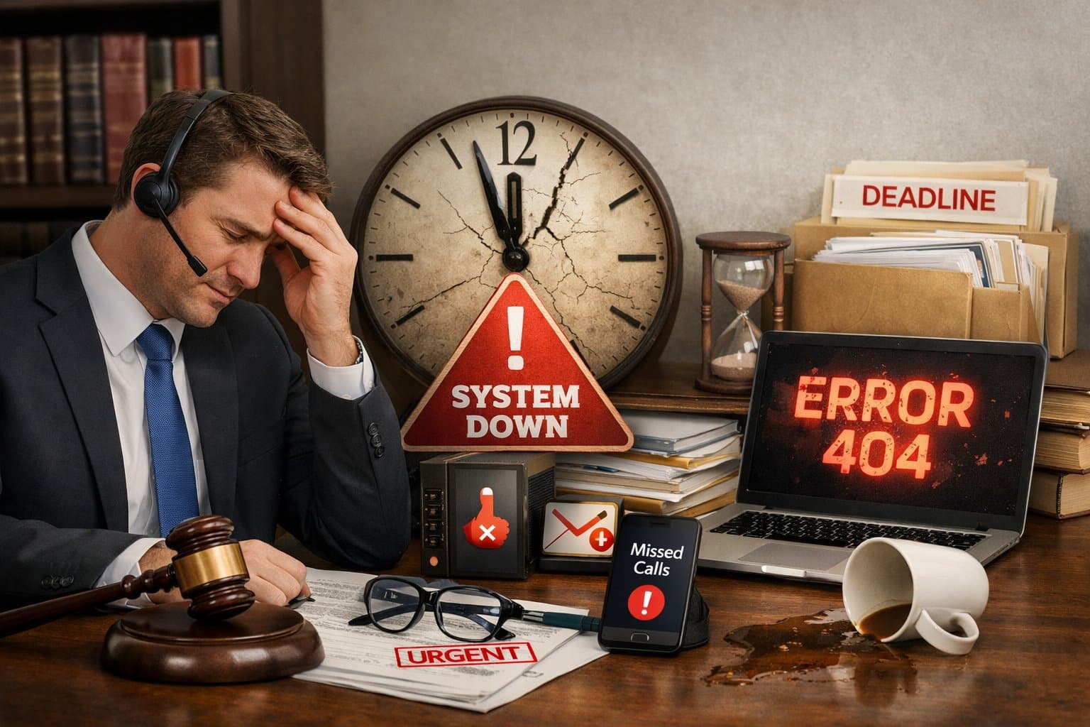 Graphic for downtime deficit for lawyers showing a legal professional frustrated by technical friction and lost billable time.