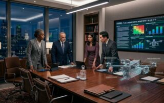 A team of legal professionals in a high-tech conference room analyzing security data, illustrating the shift from traditional antivirus to EDR for law firms.