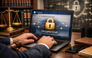 A lawyer's hands typing on a laptop with a digital padlock icon on the screen and a legal gavel in the background, representing email encryption in Outlook for lawyers.