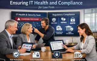 A professional IT consultant presenting an IT health check for your organization to a team of attorneys, focusing on data security and legal compliance.