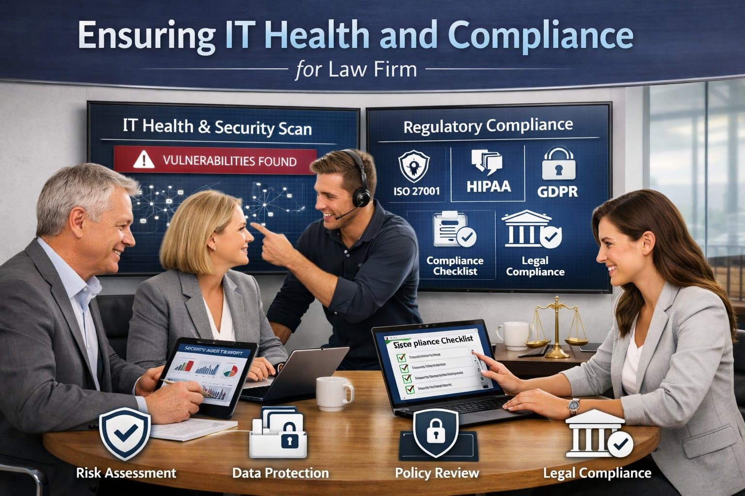 A professional IT consultant presenting an IT health check for your organization to a team of attorneys, focusing on data security and legal compliance.