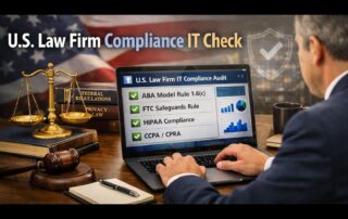 A US legal professional performing a comprehensive IT compliance check on a laptop, with a legal gavel and scales representing data security standards for law firms.