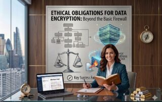 Professional female attorney in a wood-paneled office with a city view, reviewing an ethics book at a desk with a data encryption and firewall infographic in the background.