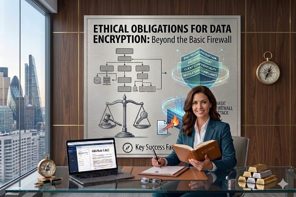 Professional female attorney in a wood-paneled office with a city view, reviewing an ethics book at a desk with a data encryption and firewall infographic in the background.