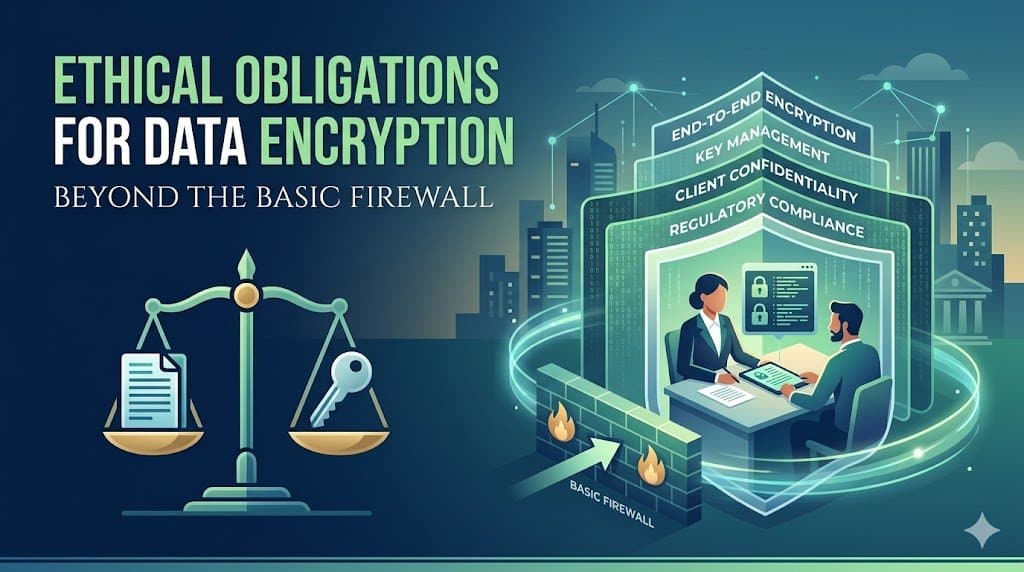 An illustration showing two legal professionals working behind a digital shield and padlock, representing the ethical obligations for data encryption in law firms.