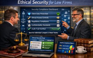 Graphic for ethical security for law firms showing a professional legal review of digital ethical standards and data protection.