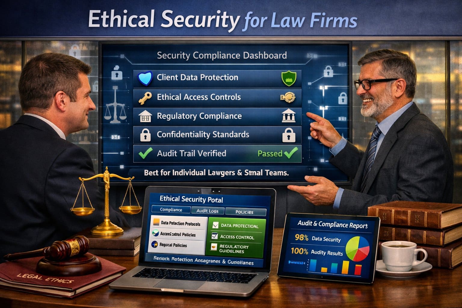 Graphic for ethical security for law firms showing a professional legal review of digital ethical standards and data protection.