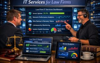A professional IT consultant discussing specialized IT services for law firms with an attorney, featuring legal scales and secure dashboard metrics on a laptop.