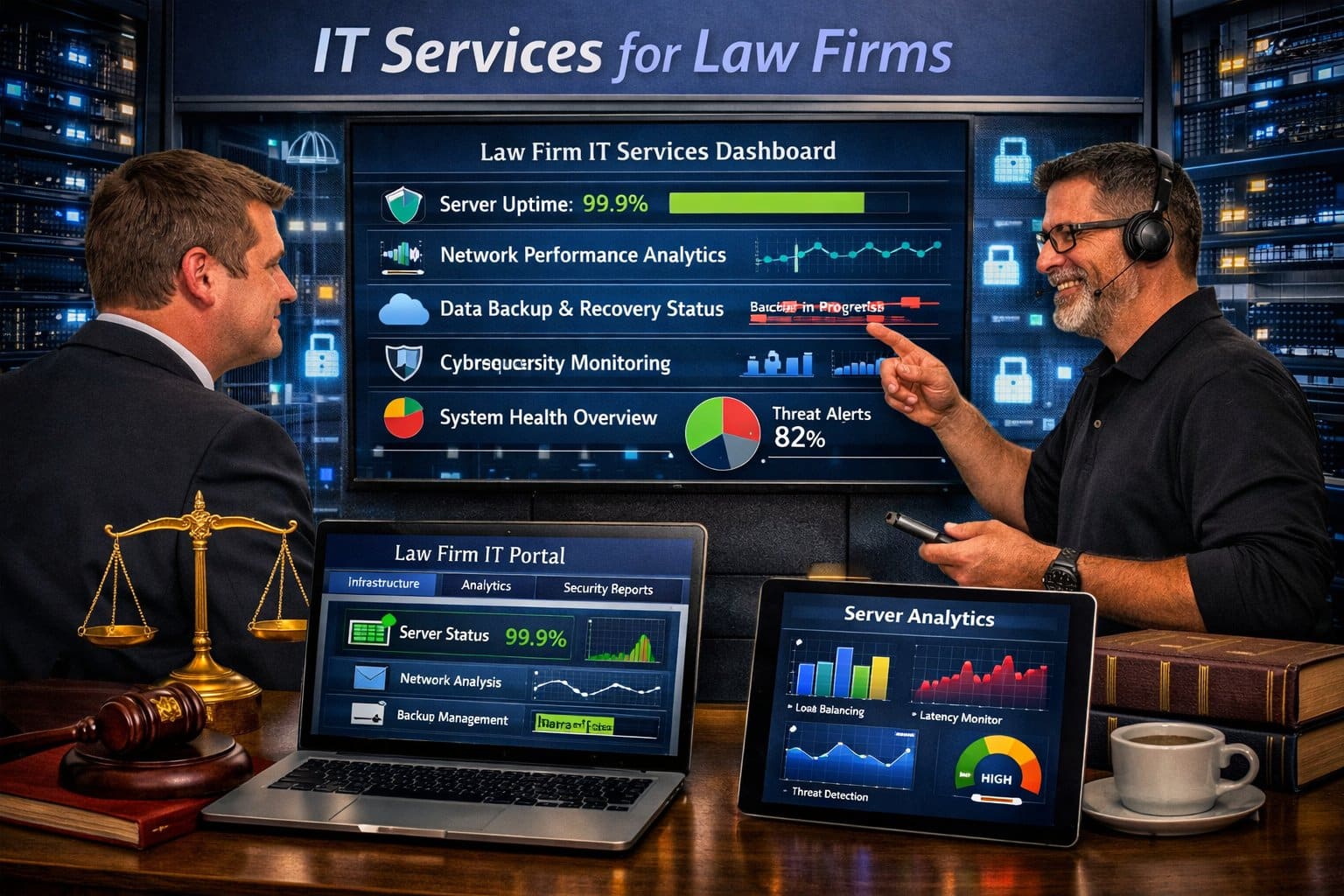 A professional IT consultant discussing specialized IT services for law firms with an attorney, featuring legal scales and secure dashboard metrics on a laptop.