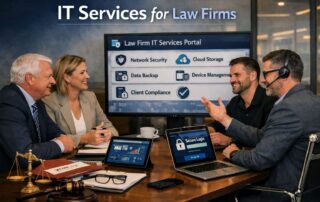 Graphic for IT services for law firms showing a professional legal team discussed secure cloud technology.