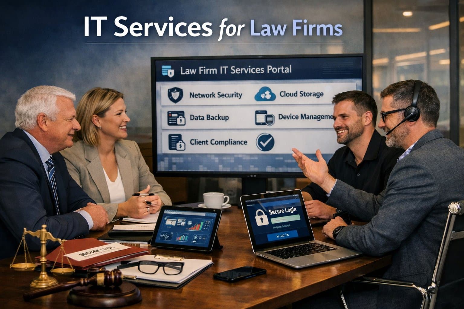 Graphic for IT services for law firms showing a professional legal team discussed secure cloud technology.