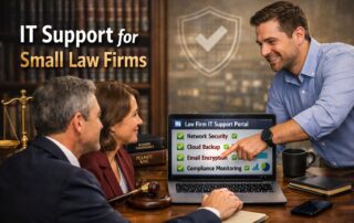 A professional IT consultant working with two lawyers at a laptop in a modern law office, illustrating specialized IT support for small law firms.