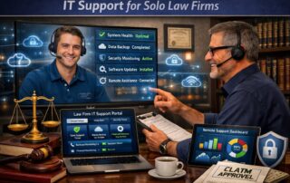 Graphic for IT support for solo law firms showing a professional attorney working securely on a laptop with digital protection.