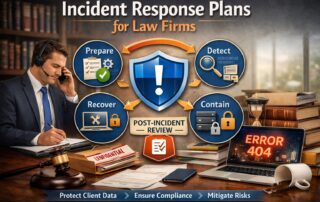Graphic for an incident response plan for law firms showing a professional legal team discussed crisis management and cyber defense.