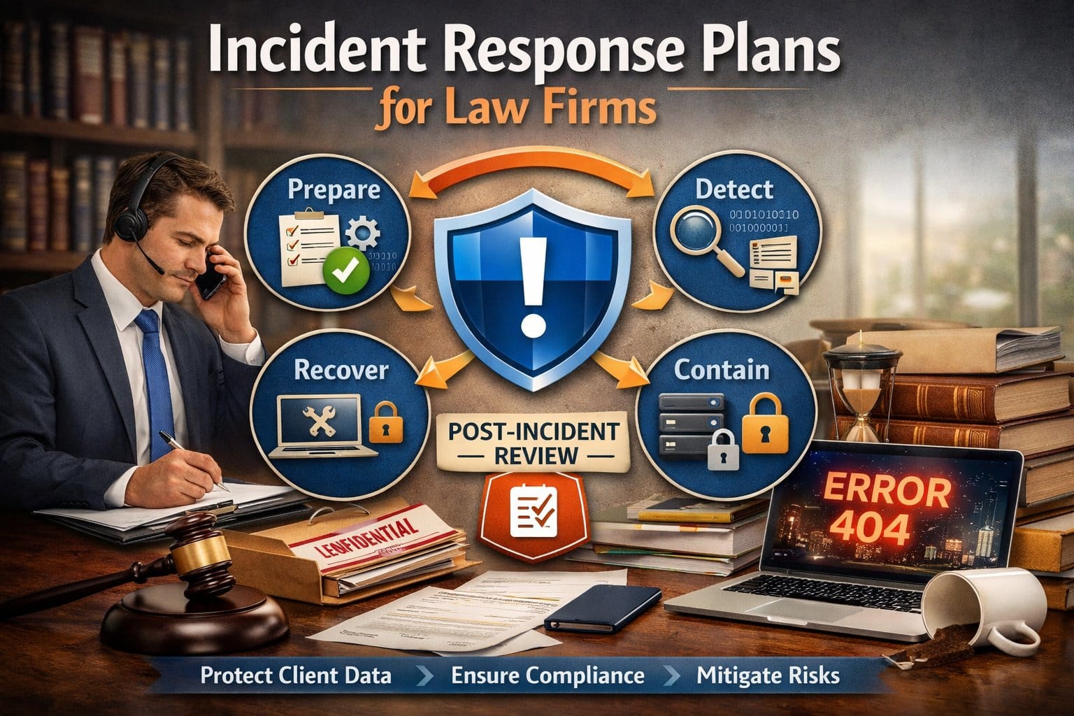 Graphic for an incident response plan for law firms showing a professional legal team discussed crisis management and cyber defense.