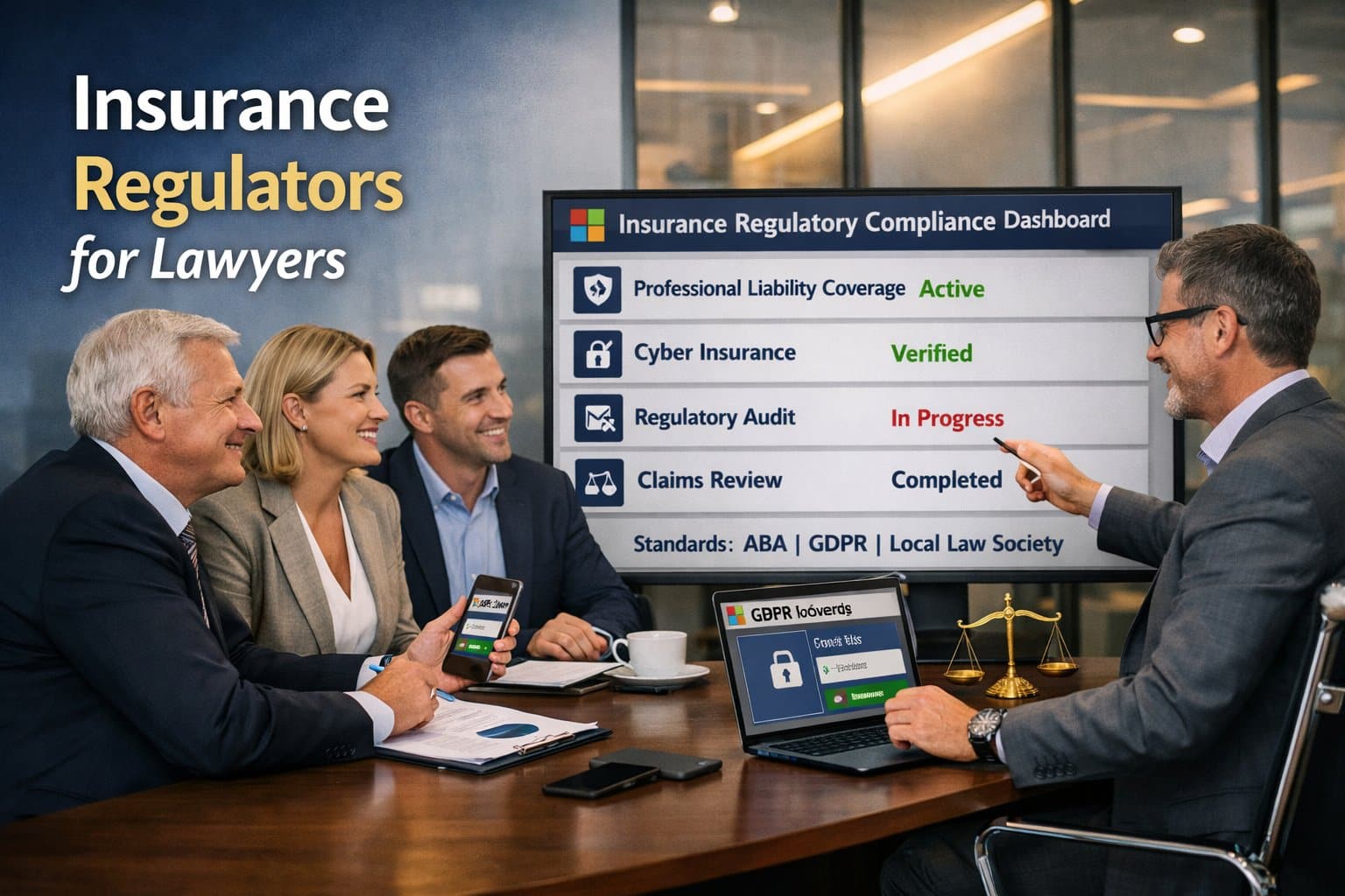 Professional presentation explaining insurance regulators for lawyers and the technical requirements for law firm coverage.
