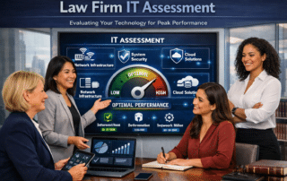 A professional legal team reviewing a law firm IT assessment dashboard to analyze technical risks and data security standards.