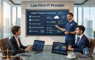 Graphic for a law firm IT provider showing a professional consultant discussed secure technology with a legal team.