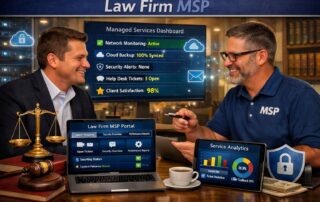 Graphic for a law firm MSP showing a professional IT consultant providing secure managed services to a legal team.