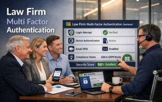 Graphic for law firm Multi-Factor Authentication showing a secure laptop login with a digital shield and padlock.