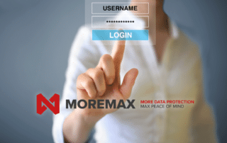 Lawyer interacting with a digital login screen displaying username and password fields, with MoreMax branding emphasizing data protection and secure access.