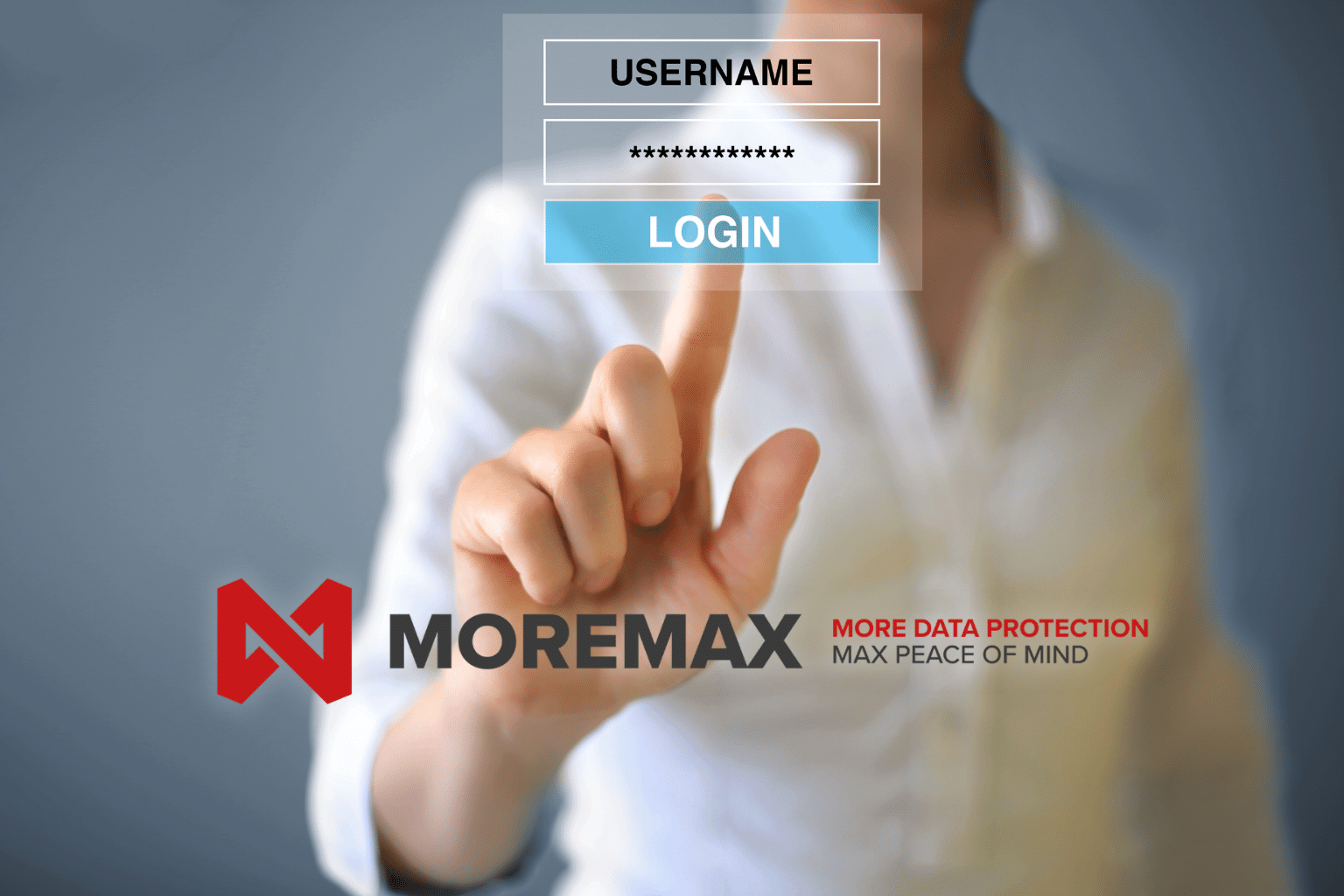 Lawyer interacting with a digital login screen displaying username and password fields, with MoreMax branding emphasizing data protection and secure access.