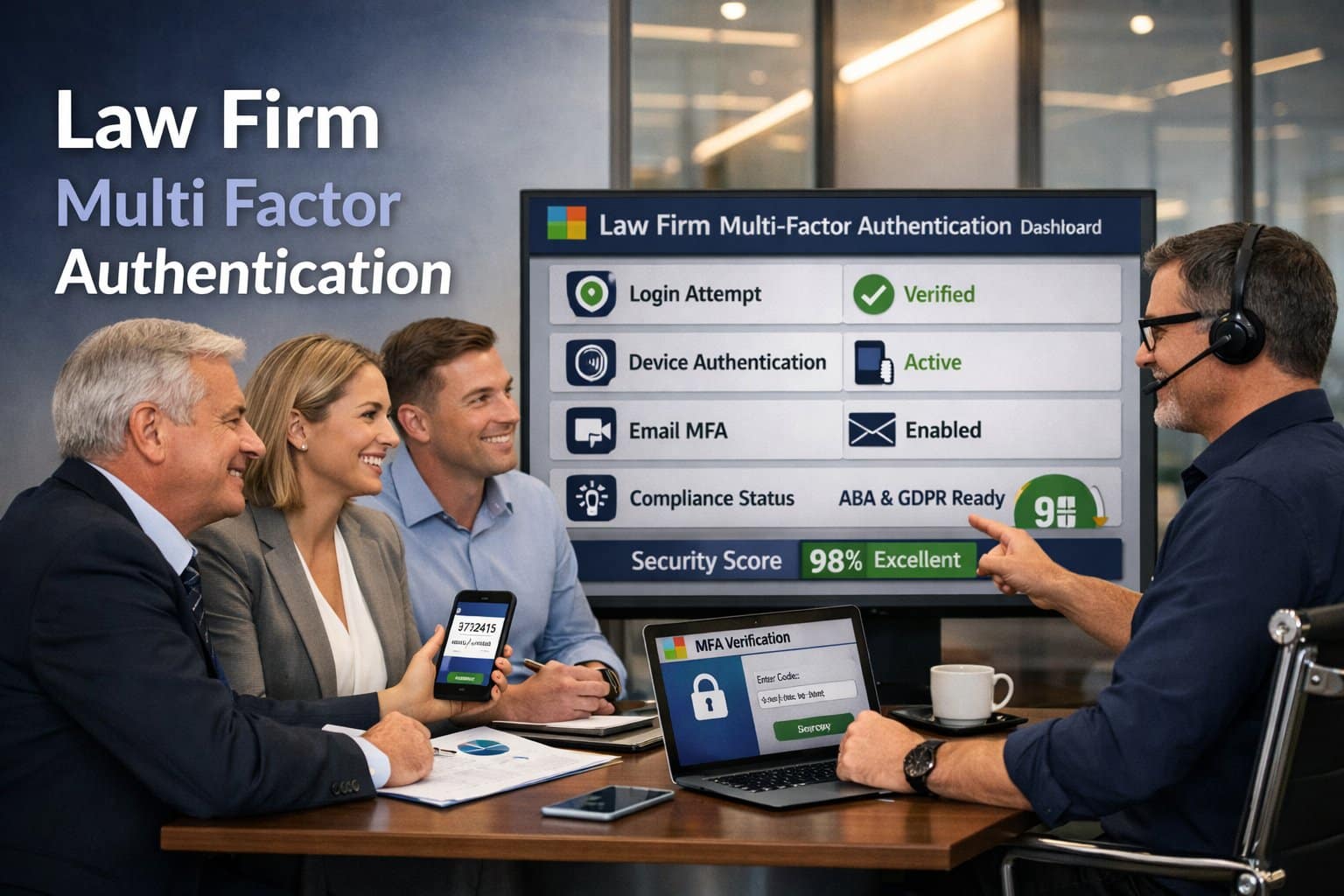 Graphic for law firm Multi-Factor Authentication showing a secure laptop login with a digital shield and padlock.