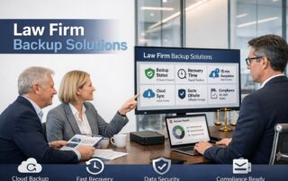 Professional legal team reviewing defensible law firm backup solutions and cloud recovery plans.