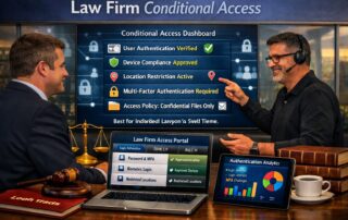 Graphic for law firm conditional access showing a secure login shield protecting a legal professional's laptop.