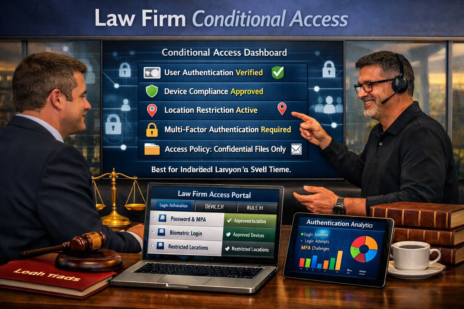 Graphic for law firm conditional access showing a secure login shield protecting a legal professional's laptop.