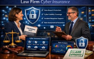 Graphic for law firm cyber insurance showing a professional legal team discussed risk management and digital protection.