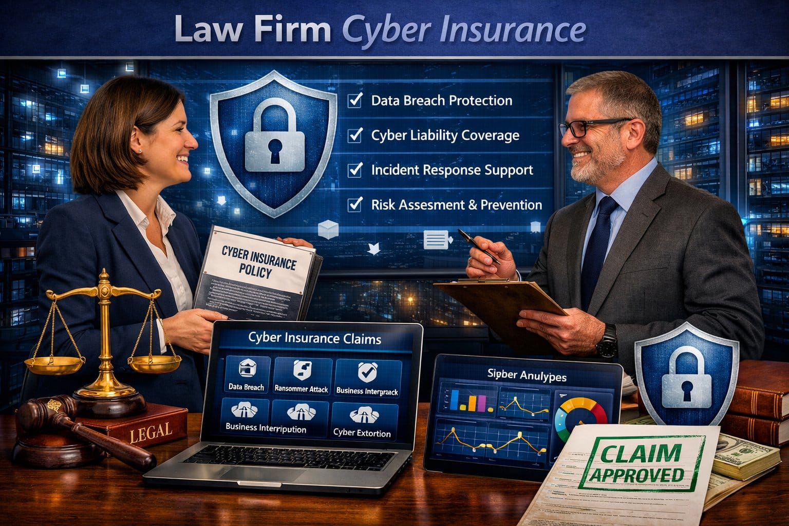 Graphic for law firm cyber insurance showing a professional legal team discussed risk management and digital protection.