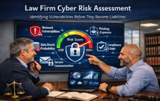 A professional IT consultant and a lawyer reviewing a law firm cyber risk assessment dashboard featuring security dials and a digital padlock.