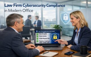 A professional legal team in a modern office reviewing their law firm cybersecurity compliance strategy and technical standards on a laptop.